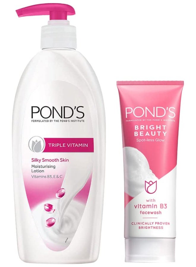 بوندز لوشن وكريم مرطب للجسم من بوندز للرجال والنساء، يمنح بشرة ناعمة وحريرية بتركيبة ثلاثية الفيتامينات، 600 مل، وغسول الوجه برايت بيوتي من بوندز لبشرة مشرقة وخالية من البقع، 200 غرام. - Image 1